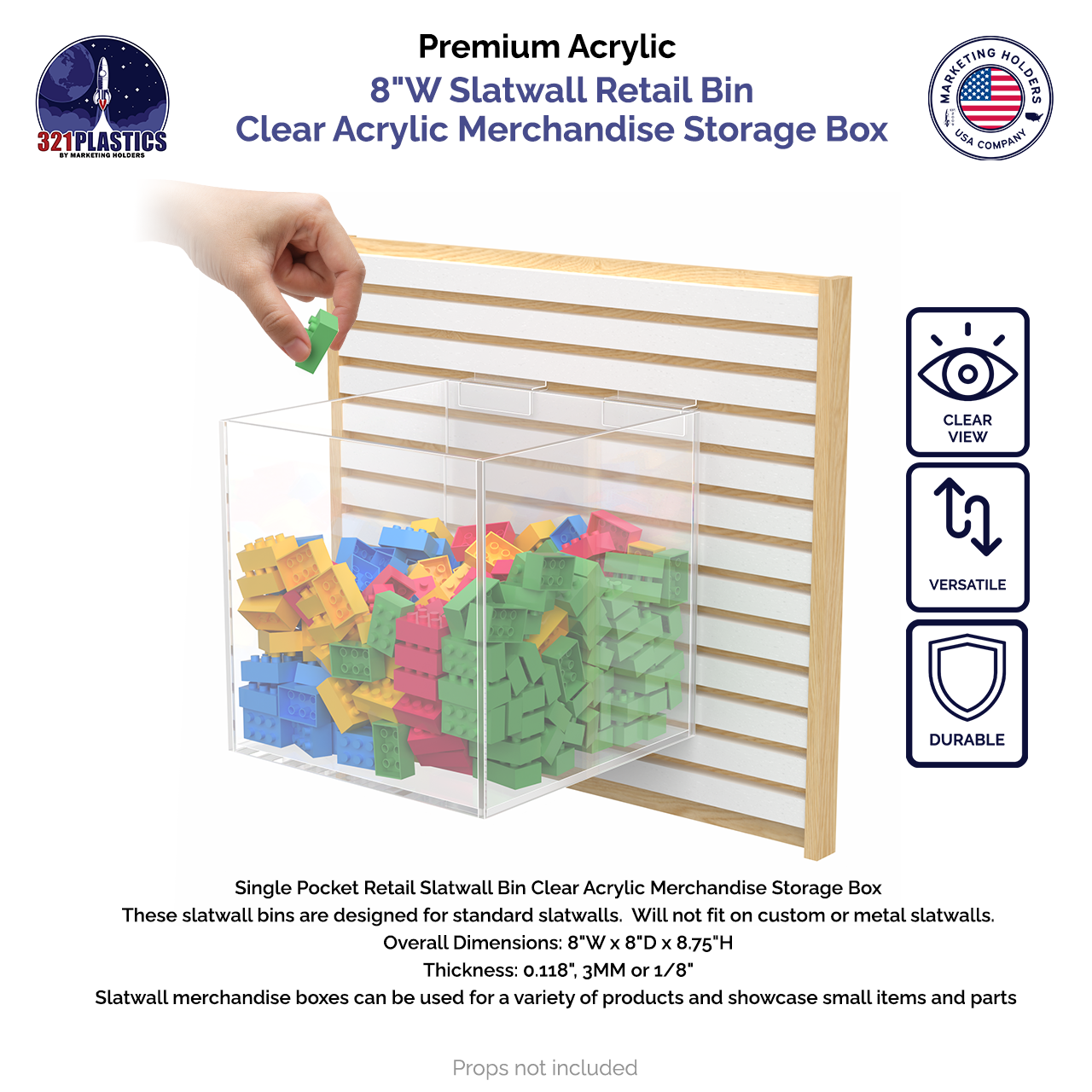 8"W Slatwall Retail Bin Clear Acrylic Merchandise Storage Box