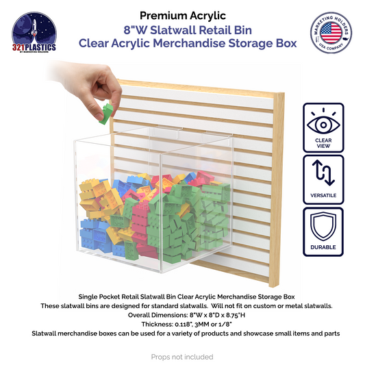 8"W Slatwall Retail Bin Clear Acrylic Merchandise Storage Box