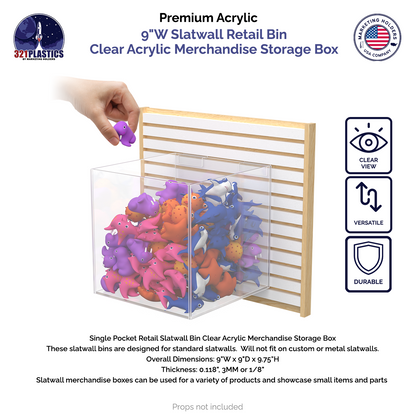 9"W Slatwall Retail Bin Clear Acrylic Merchandise Storage Box