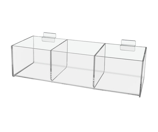 Slatwall 12"W Acrylic 3 Compartment Retail Product Storage Bin