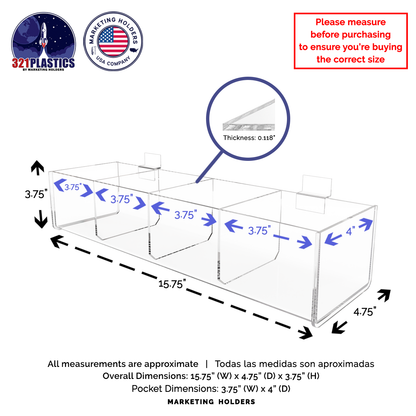 Slatwall 15.75"W Acrylic 4 Compartment Retail Product Storage Bin