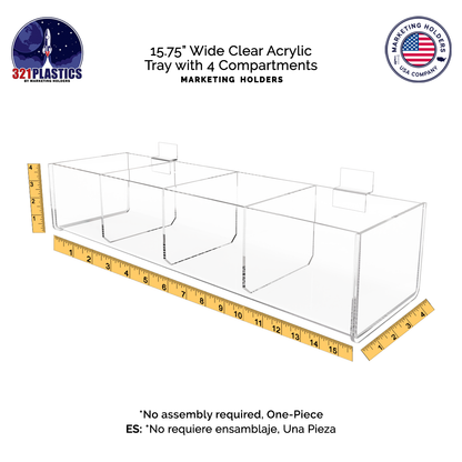 Slatwall 15.75"W Acrylic 4 Compartment Retail Product Storage Bin