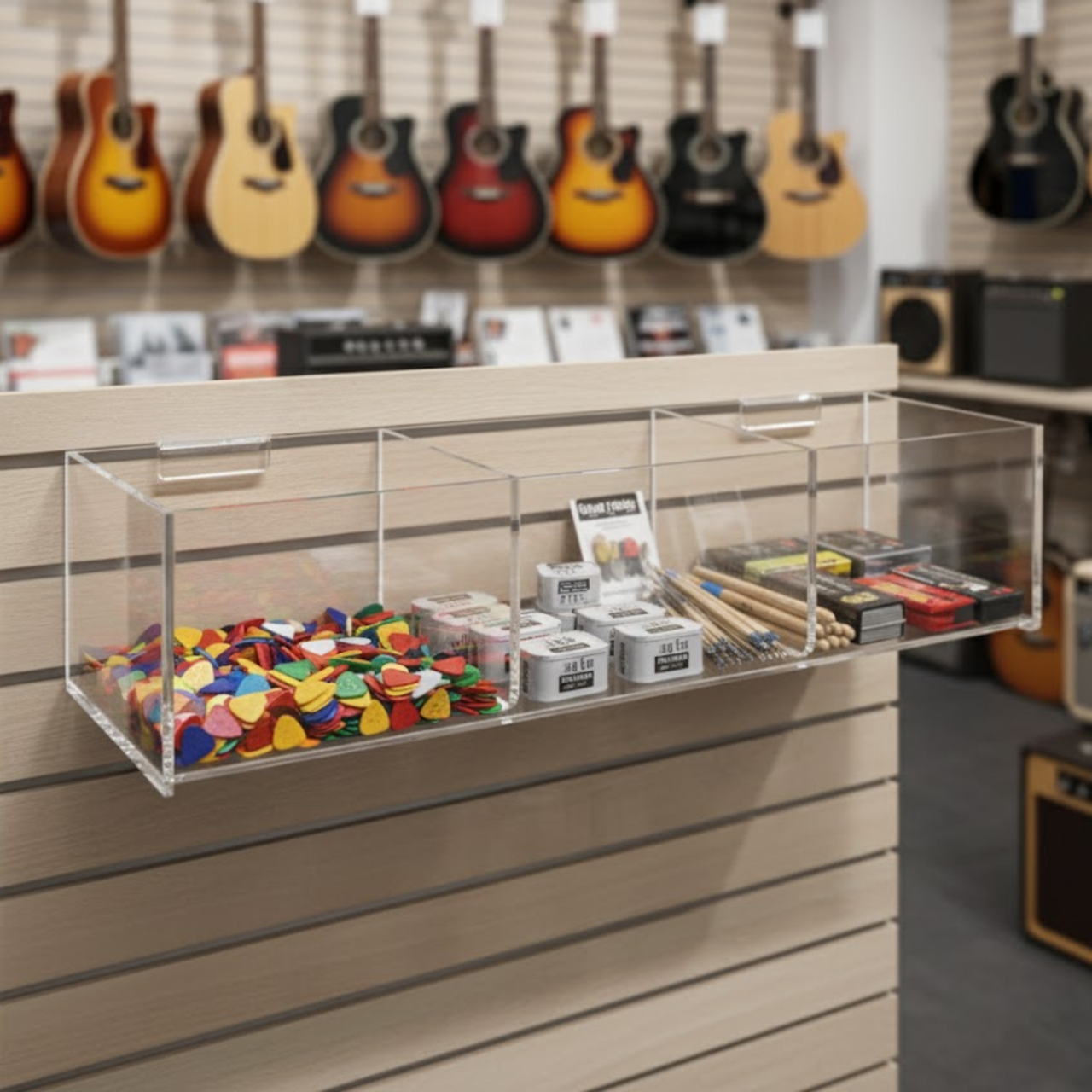 Slatwall 12"W Acrylic 3 Compartment Retail Product Storage Bin