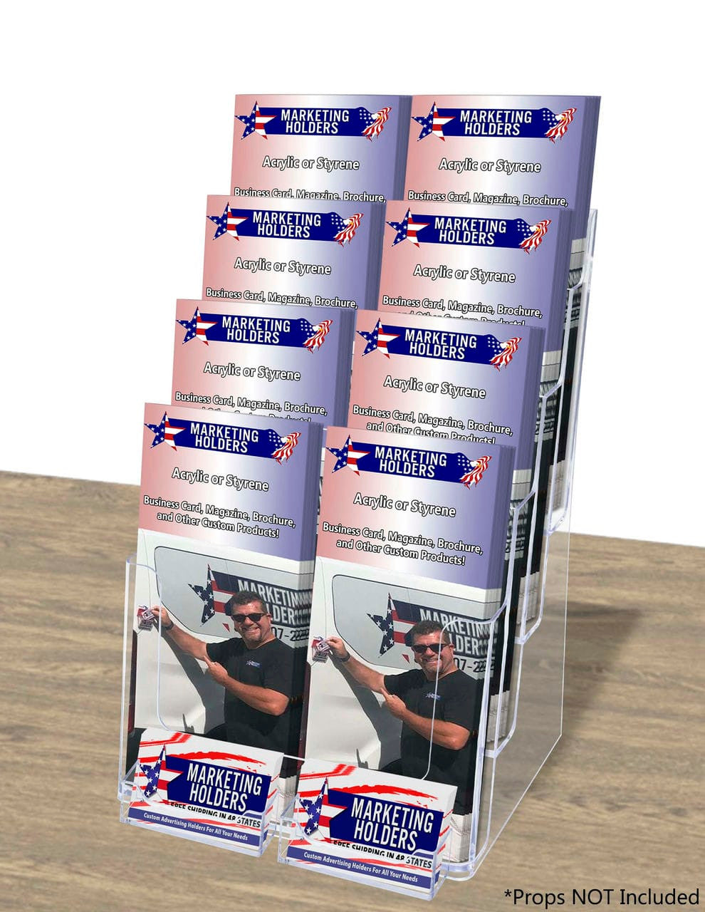 Brochure Stand For DIN Long Flyers – 2 Compartments With Business Card Holder, Clear Polystyrene Display For Trade Shows, Offices, Events