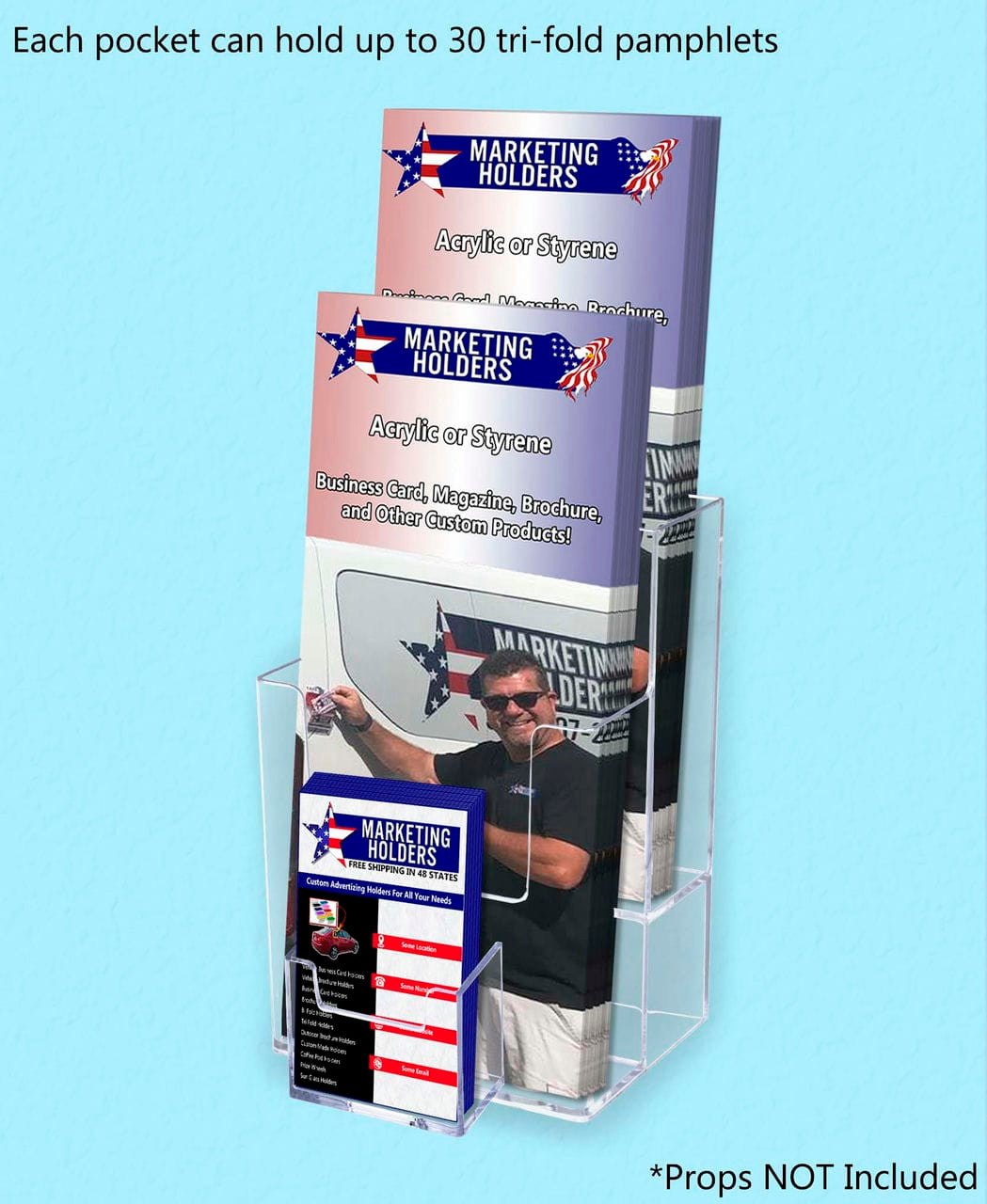 4"W Trifold Display Tiered 2 Pocket Stand with Vertical Card Slot