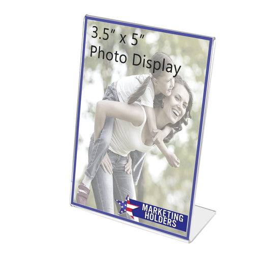 3.5"W x 5"H Small Sign Holder Side Load Slant Back Clear Display