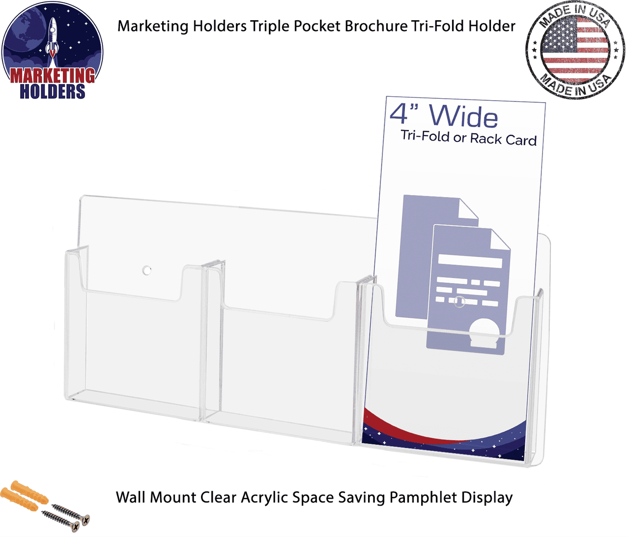Wall 3 Pocket Brochure Holder for 4"W Trifold Literature