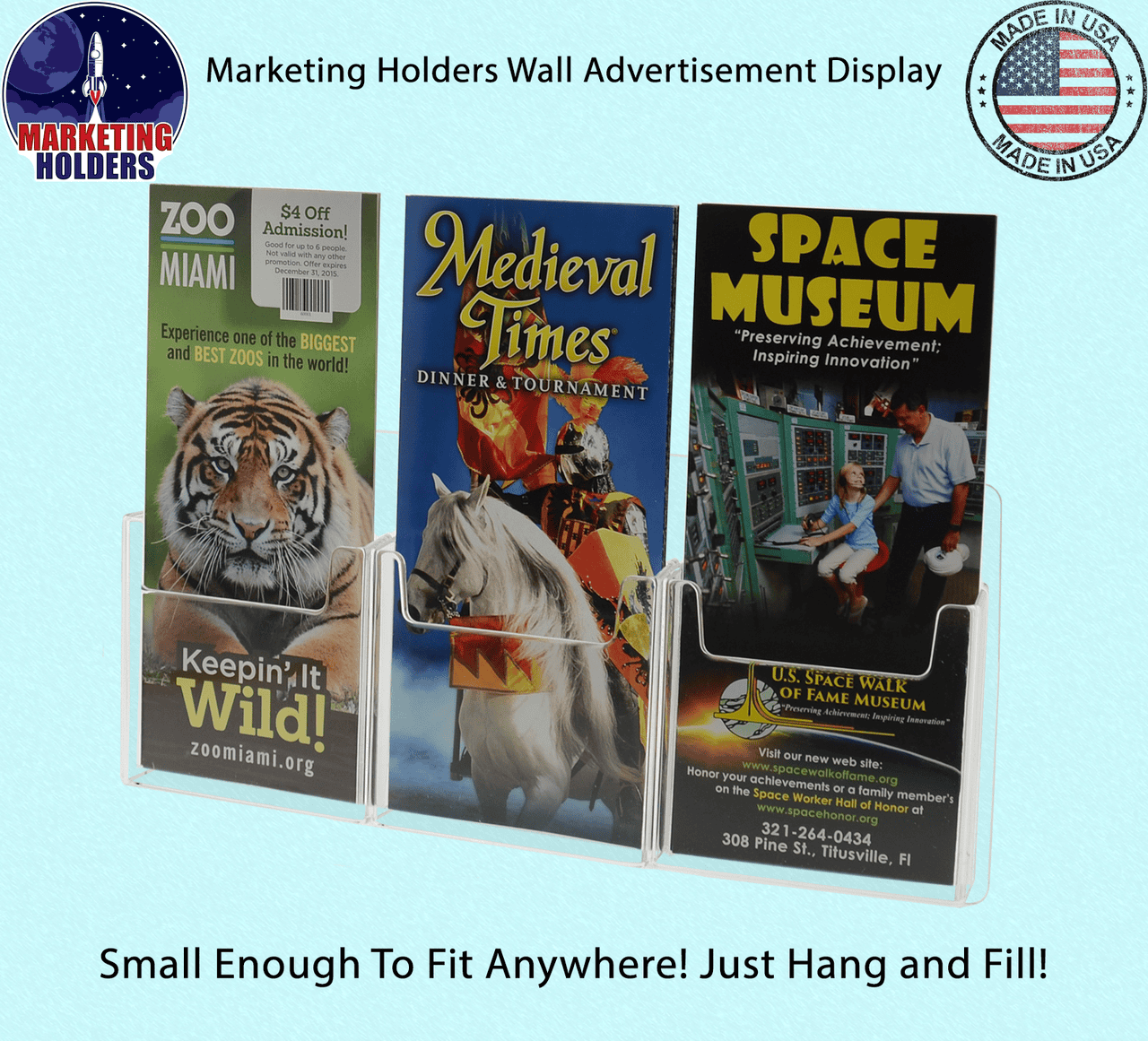 Wall 3 Pocket Brochure Holder for 4"W Trifold Literature