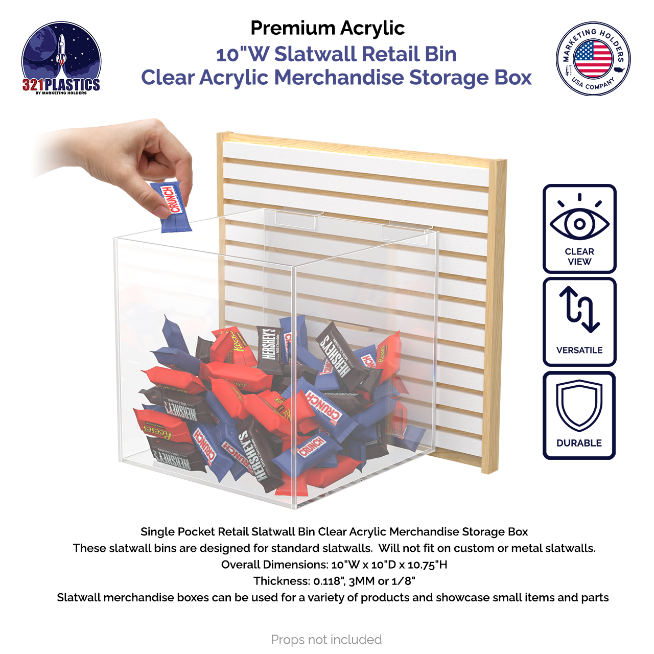 10"W Slatwall Retail Bin Clear Acrylic Merchandise Storage Box