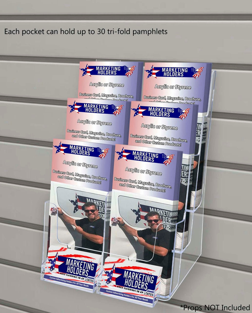 Slatwall Brochure Holder for Trifolds Flyers with 2 Card Pockets