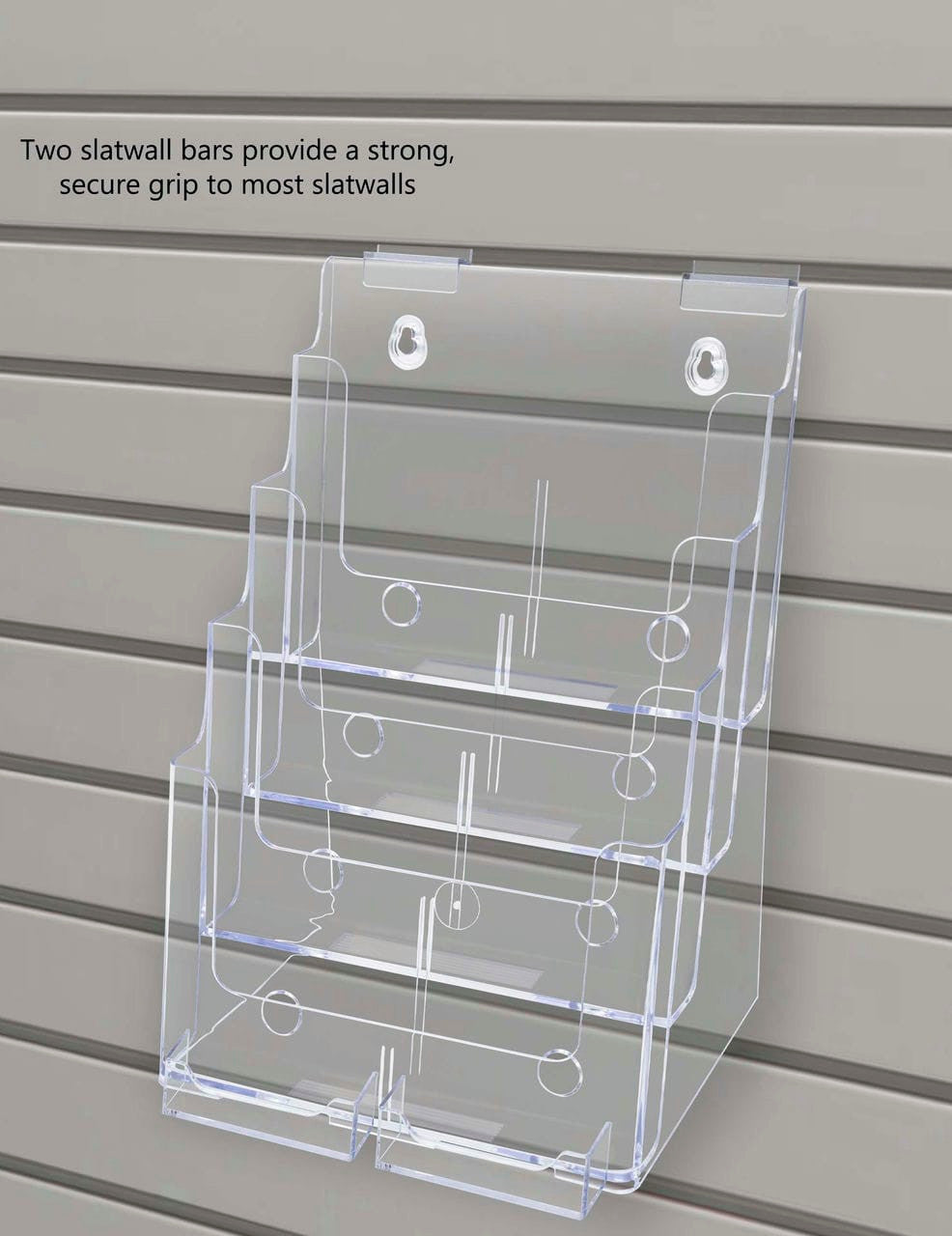 Slatwall Brochure Holder for 4"W Trifolds and 8.5" Flyers with 2 Card Slots
