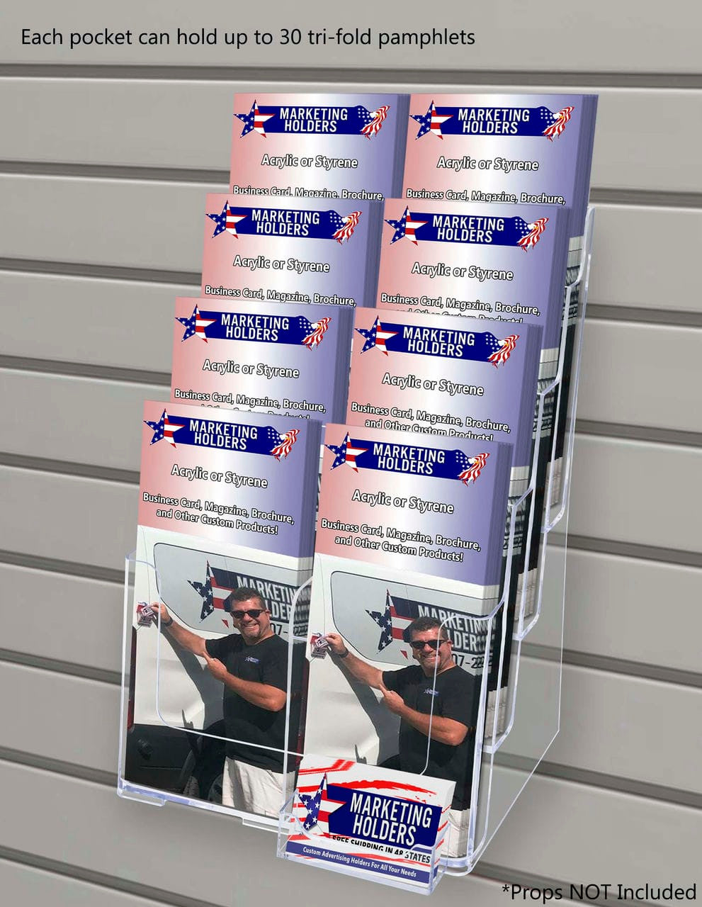 Slatwall Brochure Holder for 4"W Trifolds and 8.5" Flyers with Card Slot